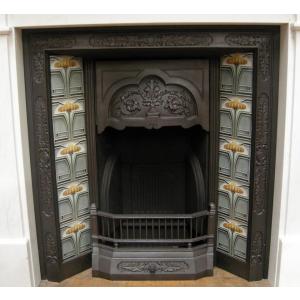 Original Art Nouveau Tiled Cast Iron Fireplace Insert Original Art Nouveau Tiled Cast Iron Fireplace Insert